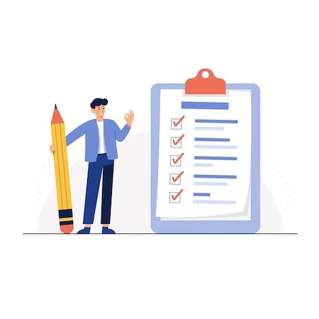 graphic of a large clipboard and pencil and a small person