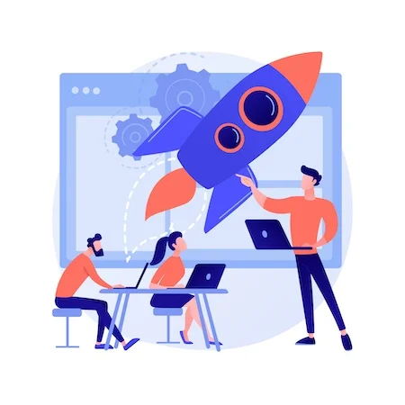 graphic of rocket ship on a browser screen with small people holding computers