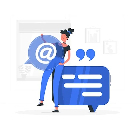 animated girl holding the @ symbol with a text bubble behind her