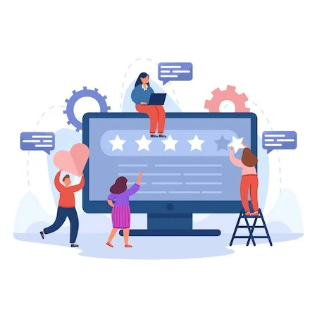 graphic of large web browser with five start and small people being happy